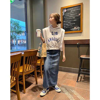 Washed denim long skirt