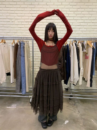 [NeverSeez] Pleated Layered Mesh Cami Dress