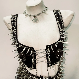 PU leather metal chain skull applique belt mini skirt set