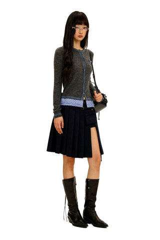 [Moromoro2] Layered Hem Plaid Bow Slim Fit  Cardigan
