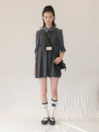 [Moromoro2] Layered Collegiate Pleated Vest  Dress