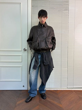 [NeverSeez] Stand Collar Asymmetrical PU Leather Jacket