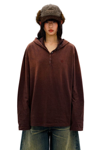 [Moromoro2] Striped Henry Collar Hooded Long Sleeve  Tee