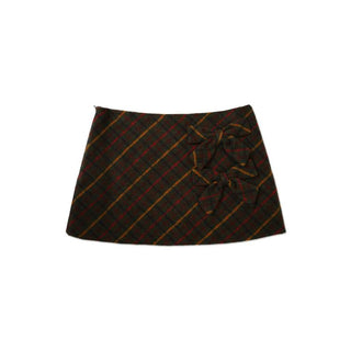 [Moromoro2] Double Bow Plaid Wool Blend  Skirt