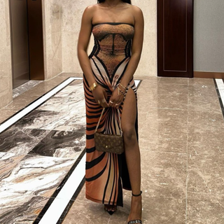 Contrast slit backless tube maxi dress