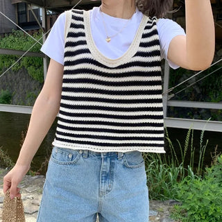 Striped perforated knit vest