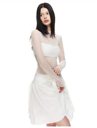[NECY] Love Dot Lace Inner Top & Bat Sleeve Tie Cardigan