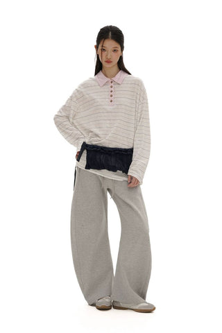 [Moromoro2] Striped Polo Long Sleeve Tee with Star  Buttons