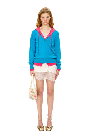 [Moromoro2] Patchwork Distressed Layered Hooded  Sweater