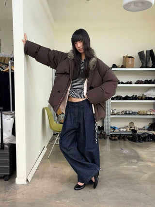 [NEVERSEEZ] Spliced Detachable Fur Collar Down Jacket