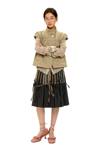 [Moromoro2] Lace Trim Plaid Patchwork Pleated  Skirt