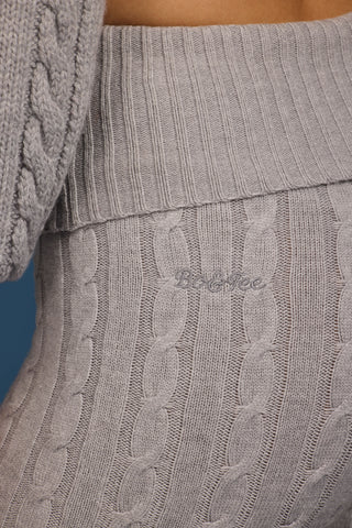Cable Knit Foldover Flared Trousers in Grey Marl