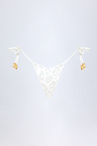 Side-Tie Bead Thong Bikini Bottoms in White Leopard Hotfix