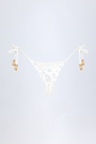 Side-Tie Bead Thong Bikini Bottoms in White Leopard Hotfix