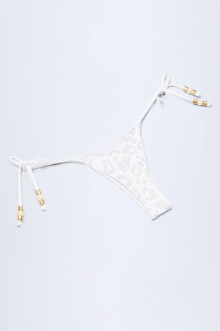 Side-Tie Bead Thong Bikini Bottoms in White Leopard Hotfix
