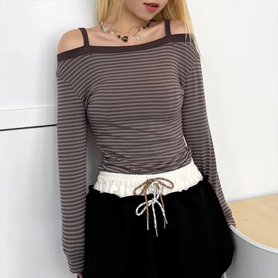 KD Striped Off-Shoulder Long Sleeve Tee