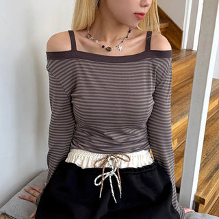 KD Striped Off-Shoulder Long Sleeve Tee