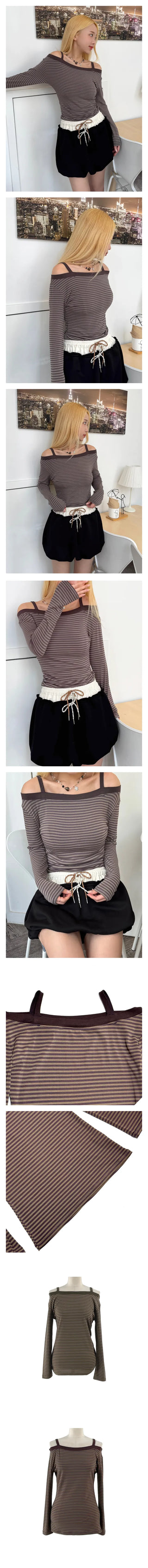 KD Striped Off-Shoulder Long Sleeve Tee