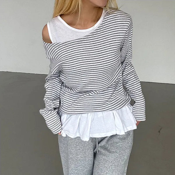 Mandarin striped boat neck shirt