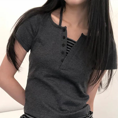 Baz Button Striped Layered Halter Neck Tee