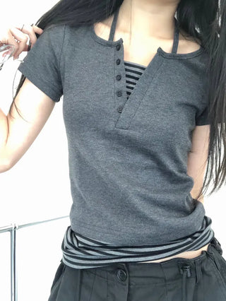 Baz Button Striped Layered Halter Neck Tee