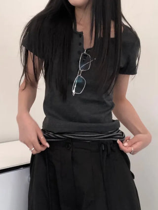 Baz Button Striped Layered Halter Neck Tee