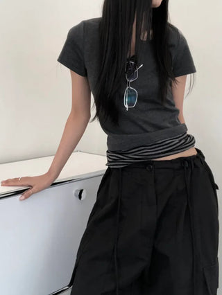 Baz Button Striped Layered Halter Neck Tee