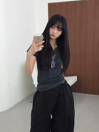 Baz Button Striped Layered Halter Neck Tee