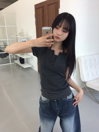 Baz Button Striped Layered Halter Neck Tee