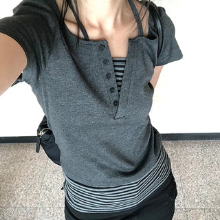 Baz Button Striped Layered Halter Neck Tee