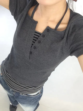 Baz Button Striped Layered Halter Neck Tee