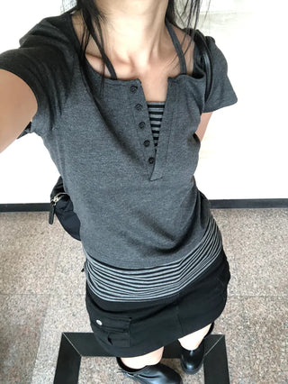 Baz Button Striped Layered Halter Neck Tee