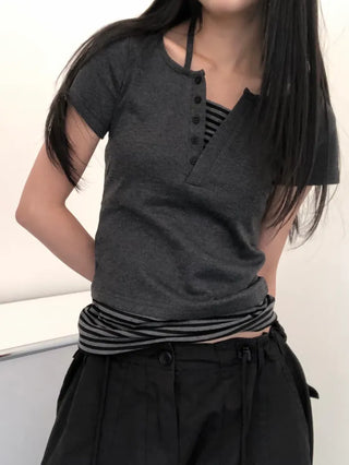Baz Button Striped Layered Halter Neck Tee