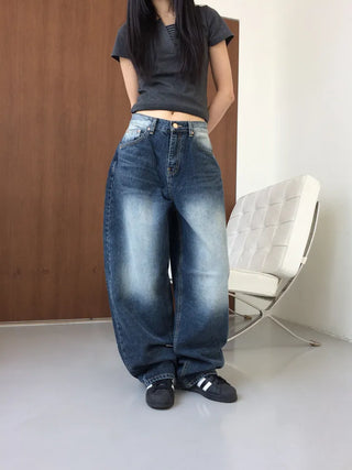 Lao back pocket embroidered washed denim pants