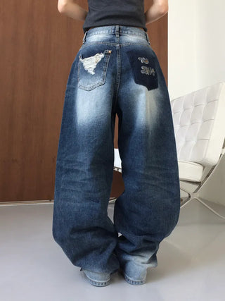 Lao back pocket embroidered washed denim pants