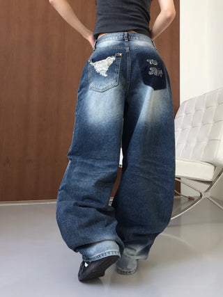 Lao back pocket embroidered washed denim pants