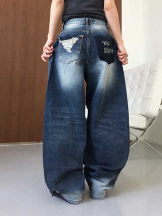 Lao back pocket embroidered washed denim pants