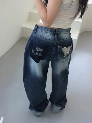 Lao back pocket embroidered washed denim pants