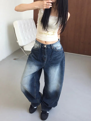 Lao back pocket embroidered washed denim pants