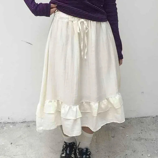 Antique Frill Flare Elastic Waist Midi Skirt