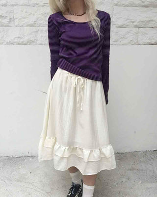 Antique Frill Flare Elastic Waist Midi Skirt