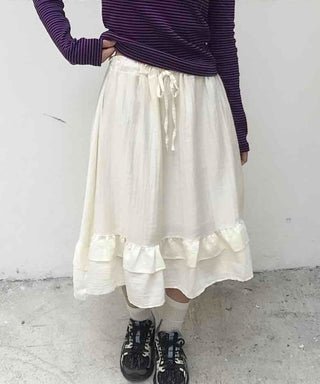 Antique Frill Flare Elastic Waist Midi Skirt