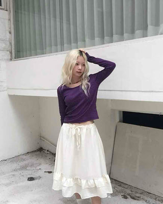 Antique Frill Flare Elastic Waist Midi Skirt