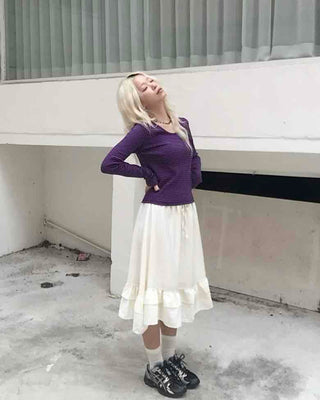 Antique Frill Flare Elastic Waist Midi Skirt