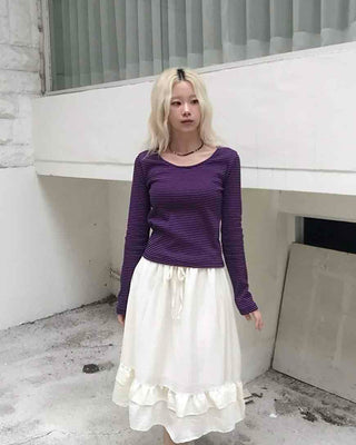 Antique Frill Flare Elastic Waist Midi Skirt