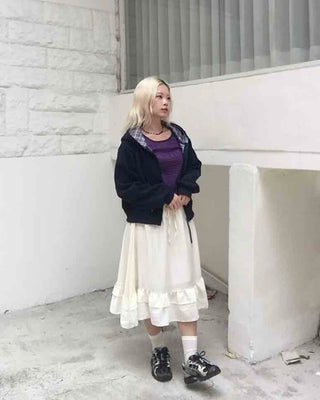 Antique Frill Flare Elastic Waist Midi Skirt