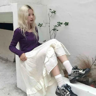 Antique Frill Flare Elastic Waist Midi Skirt