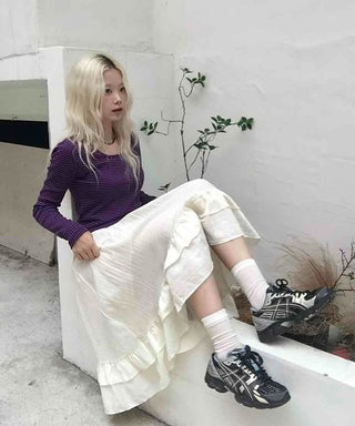 Antique Frill Flare Elastic Waist Midi Skirt