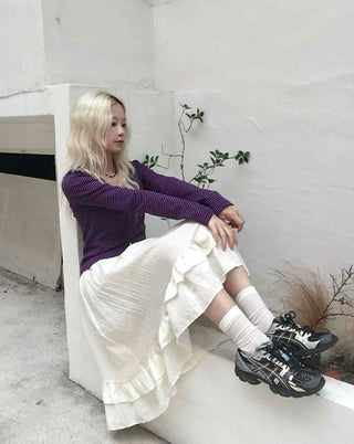 Antique Frill Flare Elastic Waist Midi Skirt