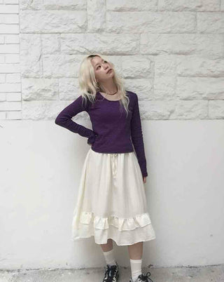 Antique Frill Flare Elastic Waist Midi Skirt